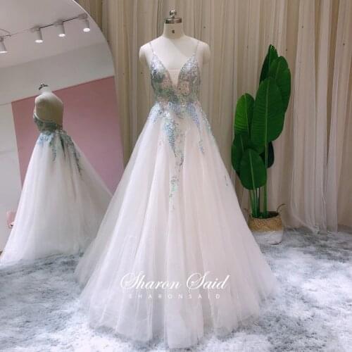 Ivory Tulle Long Women Evening Dresses 2021 Sexy Spaghetti Straps V-Neck Backless Prom Dress Embroidery Graduation Party Gowns