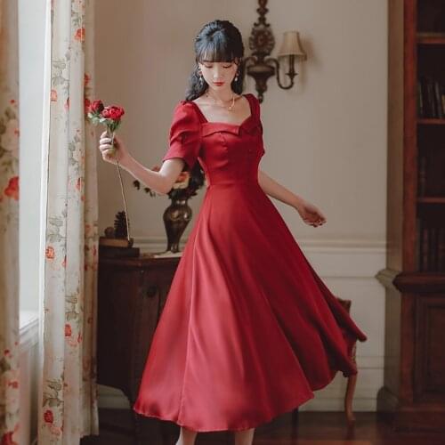 French Vintage Red Party Dress Women 2021 Summer Fashion Chic Square Collar Elegant High Waist Single Breasted Temperament Dress