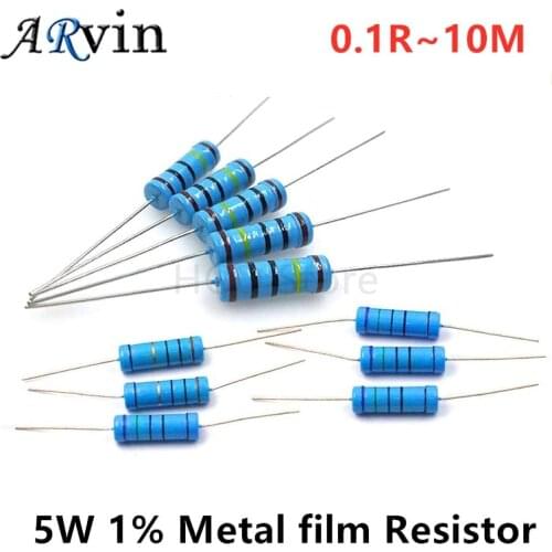 10pcs/lot 5W 1% Metal film Resistor resistance 0.1R~10M 1R 1K 1.2 1.3 3.3 10 22 33 47 120 360 18 390 470 82 R K ohm 10K 100K 1M