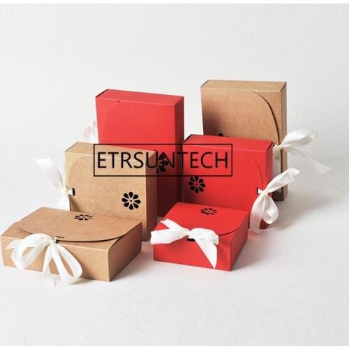 200pcs/lot 4 Size Vintage Retro Red/Kraft Paper Box, DIY Wedding Favor Gift Box, Single Cake Box Packaging With Ribbon
