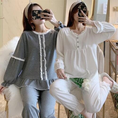 2021 Spring Autumn Long Sleeve Cute Lace V-neck Cotton Pajama Sets for Women Sleepwear Pyjama Homewear Pijama Mujer Home Clothes