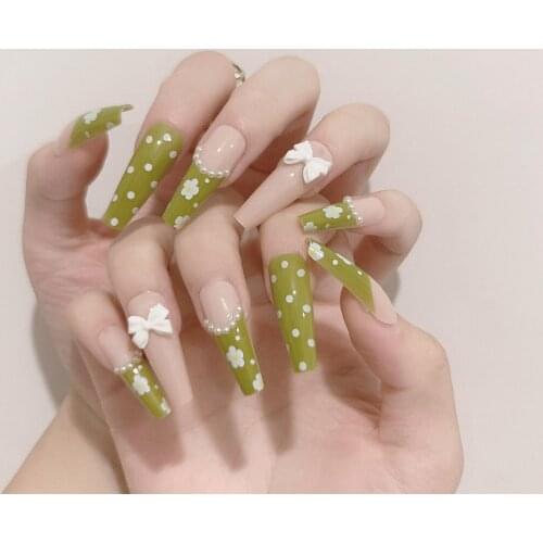 24pcs Flower Printed Nail Patch Glue Type Removable Long Paragraph Fashion Manicure Save Time False Nail Patch Nail Art