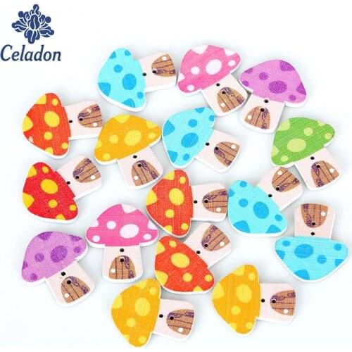23x26mm 50pcs Mix Color Mushroom Decorative Buttons Sewing Buttons Scrapbooking Wooden Buttons Crafts DIY Sewing Accessories