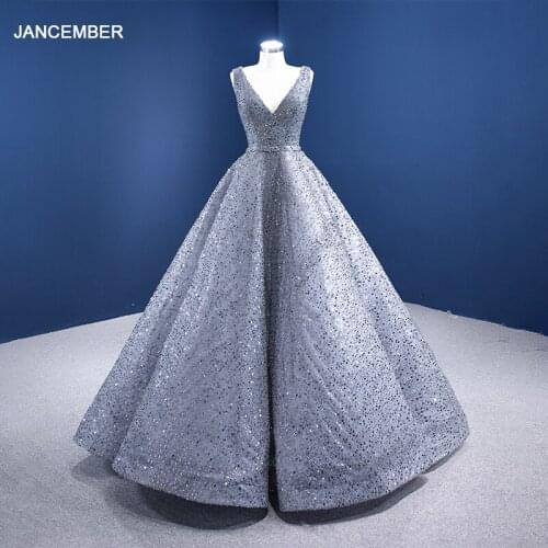 J67288 JANCEMBER Silver Gray V-neck Evening Dress Banquet Wedding Activity Frill Shiny Backless Gown robes de soirée
