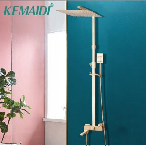 KEMAIDI 12Inch Bathroom Shower Faucet Brushed Golden Square Rainfall Wall Mounted Bathtub Shower Head Handheld Faucet Shower Set