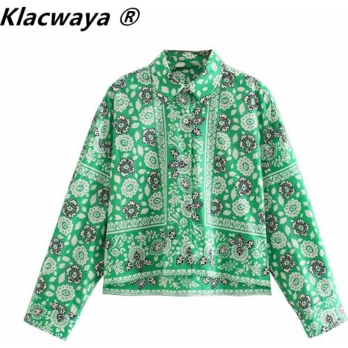 Klacwaya Women 2021 Fashion Floral Print Cropped Blouses Vintage Long Sleeve Button-up Female Shirts Chic Tops