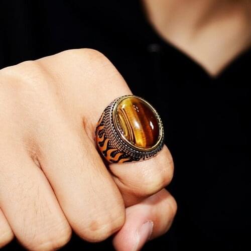 New Arrival Fashion Retro Ancient Middle East Arabic Style Stone Steel Tiger Eye Gem Flame Ring Jewelry for Men Party Gifts