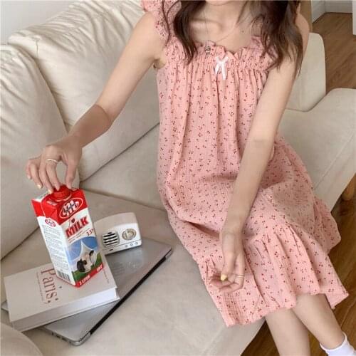 Sleeveless Summer Nightgown Women Korean Spaghetti Strap Ruffles Sleepwear Kawaii Homewear Japanese Home Clothes
