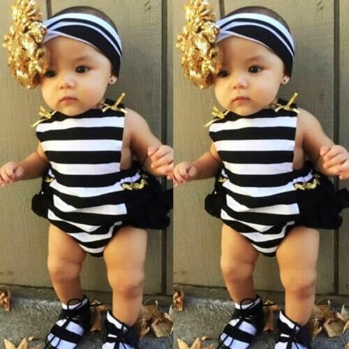 Cute 2Pcs Toddler Baby Girl Clothes Belt Striped Romper Gold Bow Gold Headband Jumpsuit Sunsuit Outfits