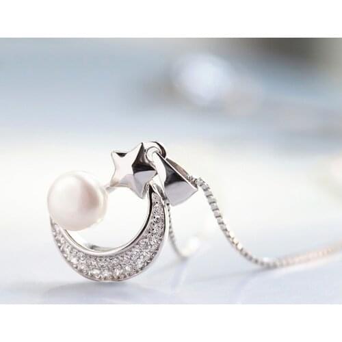 Fashion Temperament Simple Artificial Pearl Stars Moon Pendant Necklace Silver Womens Fine Jewelry Necklace
