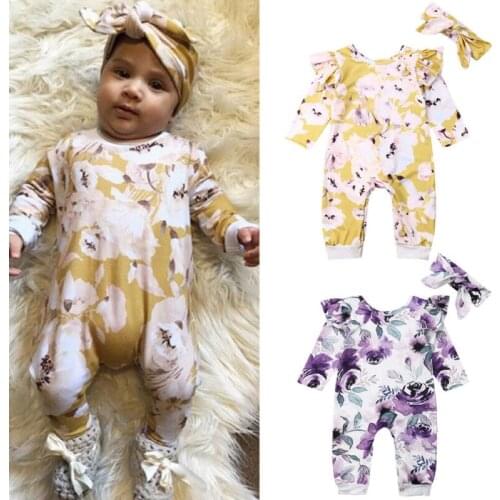 Newborn Baby Girls Clothes Baby Girls Floral Printed Ruffles Romper Autumn Long Sleeve Jumpsuit Overalls Headband Outfits Set