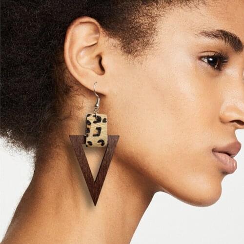 Original Design Leopard Leather Connector Wood Arrowhead Dangle Drop Earrings for Women