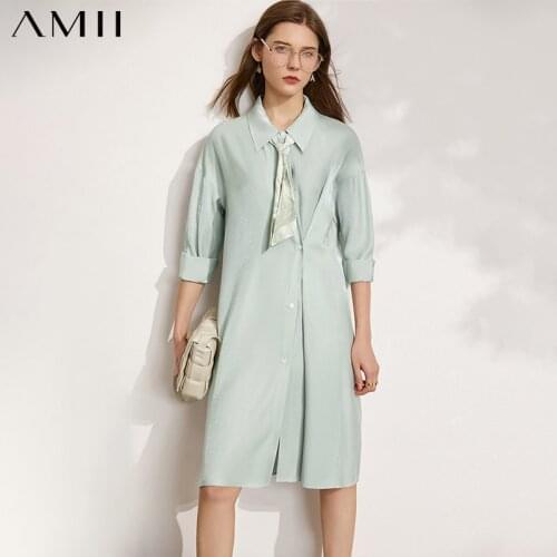 AMII Minimalism Summer New Womens Shirt Dress Fashion Solid Lapel Aline with Ribbons Loose Womens Summer Dress 12140093