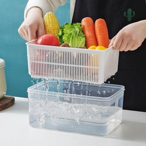 Rectangular plastic double tier storage box household refrigerator fruit vegetable sealed crisper drain storage boxs WF