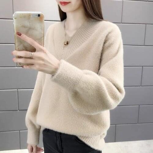 Korean Woman Knitted Fluffy Sweaters Loose Thick Pullovers Long Sleeve Sweater Autumn Winter Solid V-Neck Jumper clothing 2021