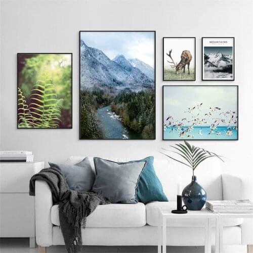 Nordic Nature Lanscape Wall Art Sea Bird Canvas Poster and Print Wild Deer Mountain Painting Picture for Living Room Decor