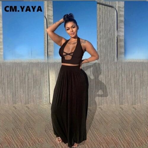 CM.YAYA Women Maxi Slim Long Skirts Set for Streetwear Summer Fashion Lace Up Crop Tops Matching Two 2 Piece Set Outfits