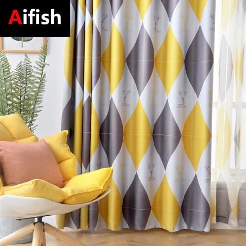Grey/Yellow Diamond Printed Curtain Simple Nordic Style Living Room Bedroom Warm Wild Thick Thick Blackout Curtain TM056-4