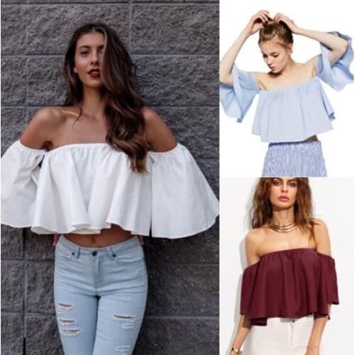 New Summer Off Shoulder Lotus Leaf Sexy T-Shirt Women Slash Neck Crop Top Women Tops Ladies Solid T-Shirt