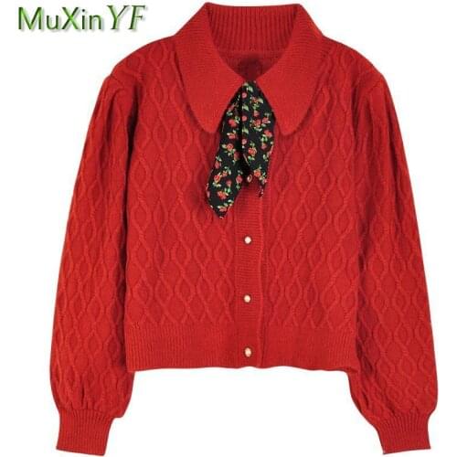 Womens Graceful Bow Ribbon Sweater Cardigan 2021 Autumn Winter Student Vintage Joker Loose Coat Top Lady Korean Sweet Outerwear