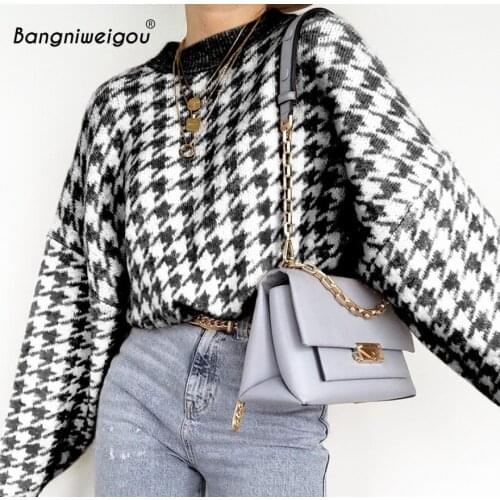 Bangniweigou Retro Houndstooth Jumper Women O Neck Bat Long Sleeve Winter Argyle Sweater Y2K Pullover Knitwear
