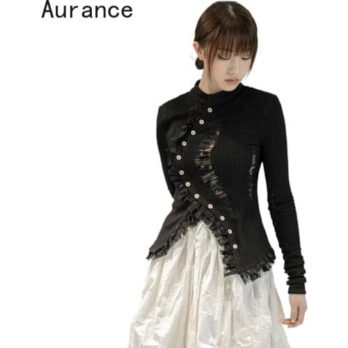 [Aurance] Women New Fashion Knitting Cardigan Asymmetrical Lace Hollow Out Sweater O-Neck Long Sleeve Spring Autumn Tops 2021
