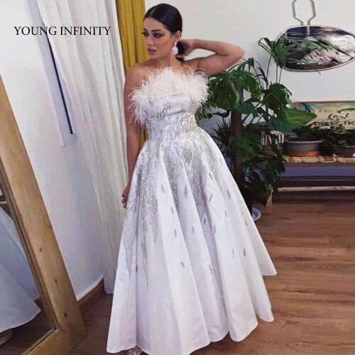 New Arrival Tea Length Prom Dress 2022 Feather Lace Applique Saudi Arabia Elegant Evening Party Gown Woman Fashion Custom Made