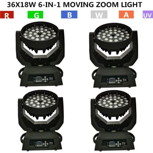 4PCS/ 36x18w zoom moving head light RGBWA+UV 6-in-1 led wash light professional stage lighting equipment