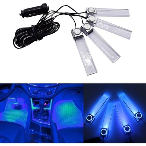 4pcs 12V 4LED Car Auto Interior Atmosphere Lights Floor Decoration Lamp Light Blue RGB Cigarette Lighter Adapter Decorative Lamp