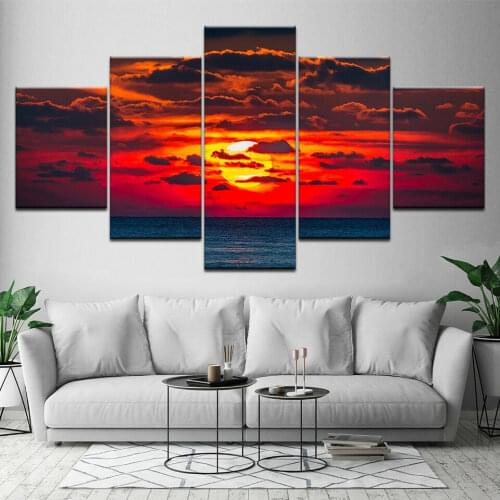 No Framed Ocean Sunset Red Sky 5 Pcs Canvas Picture Print Wall Art Canvas Painting Wall Decor for Living Room