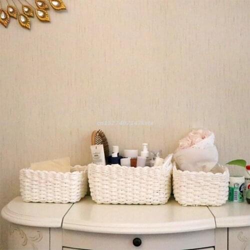 White Desktop Storage Basket Handmade Woven Kitchen Home Organizer Sundry Holder Paper Rope Storage Bins Sturdy Decorate