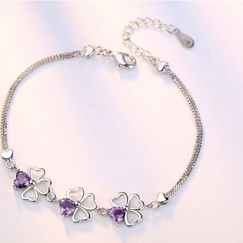 Silver Plated Bracelet Korean Purple Crystal Bracelet Lucky Leaf Clover Heart Bracelets For Women Bracelets & Bangles O236
