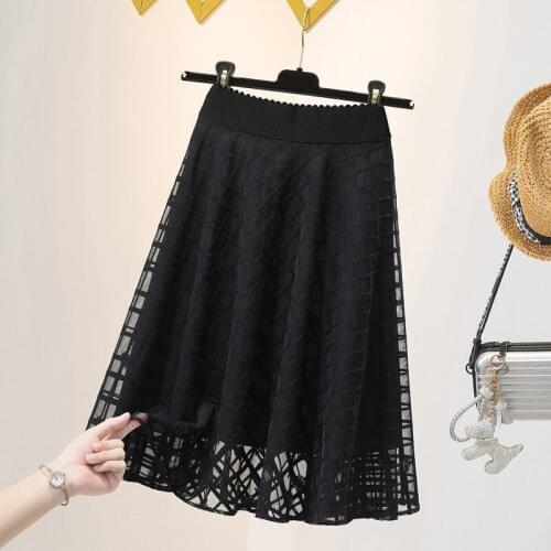 Black Plaid Mesh Stitch Midi Plus Large Size Oversize Korean Style Fashion WomenS Clothing Vintage 2021 Casual High Waist Skirt