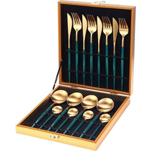 Wooden Gift Box Cutlery Tableware Covered Golden Stainless Steel Knife, Fork and Spoon Golden Cutlery 16 Pieces