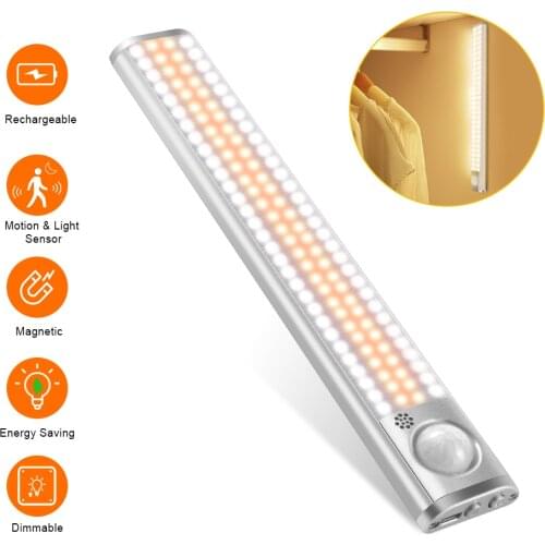 80/120/160 LEDs USB Rechargeable LED Cabinet Light Dimmable PIR Motion Sensor Wardrobe Closet Lamp For Bedroom Kitchen Lighting
