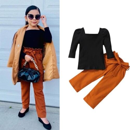 FOCUSNORM 0-5Y Autumn Fashion Kids Girls 2pcs Clothes Sets Solid Knit Long Sleeve Tops Bowknot Causal Pants