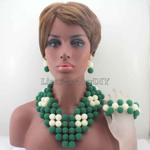 Amazing Fashion Costume Jewelry Set Nigerian Wedding African Beads Jewelry Set Green/White Ball Necklace Jewelry Set HD8101