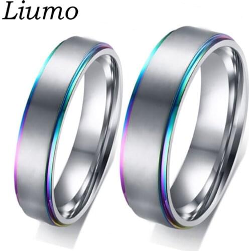 Liumo Trendy Colorful Rainbow Color Simple Men Women Stainless Steel Statement Couple Ring Lr705