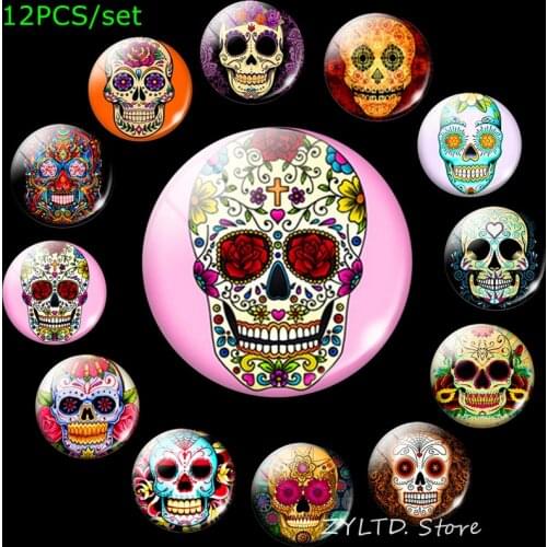 Sugar Skull Fridge Magnet Mexico Art Cartoon Refrigerator Magnets Skull Stickers Decoration 12PCS/set Glass Cabochon Home Decor