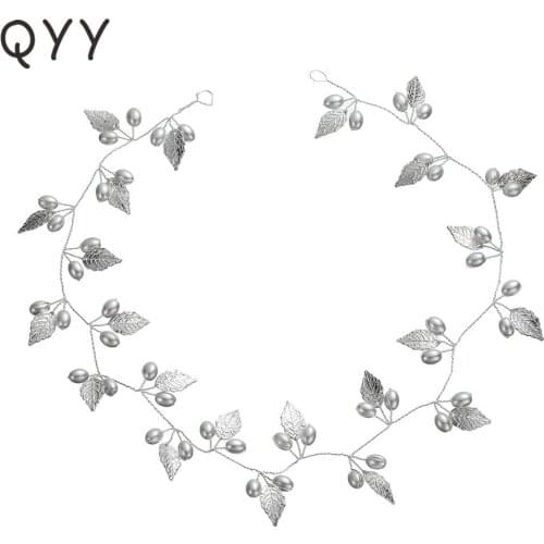 QYY Handmade Fashion Gold or Silver Color leaves Headbands Pearls Hair Jewelry Tiaras Accessories Women Wedding Hair Vine