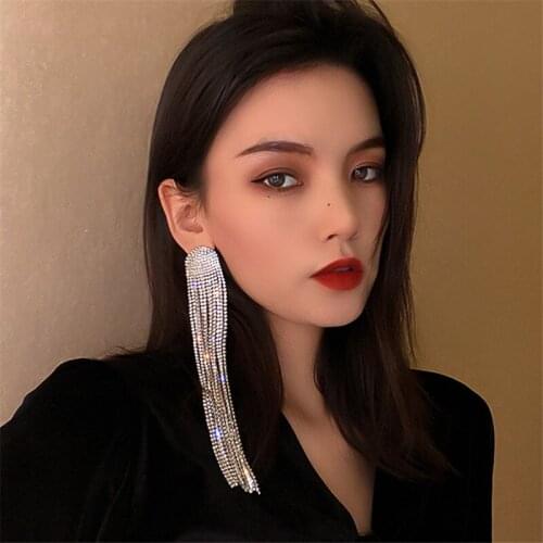 Fashion womens long tassels full rhinestone drop earrings oval crystal dangling earrings high-end elegant jewelry accessories