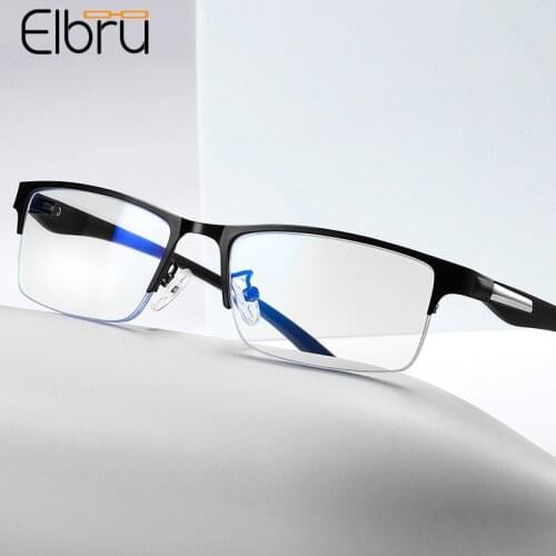 Elbru Business Men Metal Half Frame Reading Glasses Fashion Clear Resin Lens Hyperopia Prescription Eyeglasses Diopter +1.0 +4.0