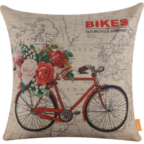 LINKWELL 45x45cm Shabby Chic World Map Red Bicycle Bike with Flower Linen Cushion Covers Pillowcase European Style Euro Rose