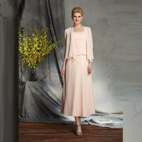 Affordable Blush Two Pieces Chiffon Mother of the Groom Gowns With Coat Pleated Shoulders with Straps Wedding Party Dress Short
