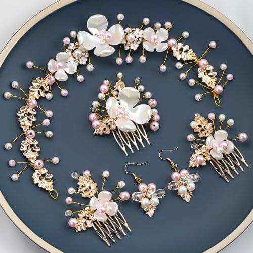 New Trendy Handmade Pearl Hair Comb Headbands Earrings Sets For Bride Crystal Hair Accessories Fashion Bijoux Tiara Hair Jewelry