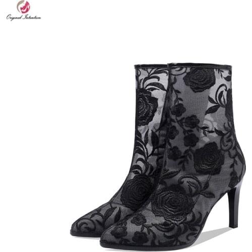 Original Intention Stylish Lady Air Mesh Ankle Boots Woman Thin High Heels Pointed Toe White Black Shoes Woman Elegant Conciese
