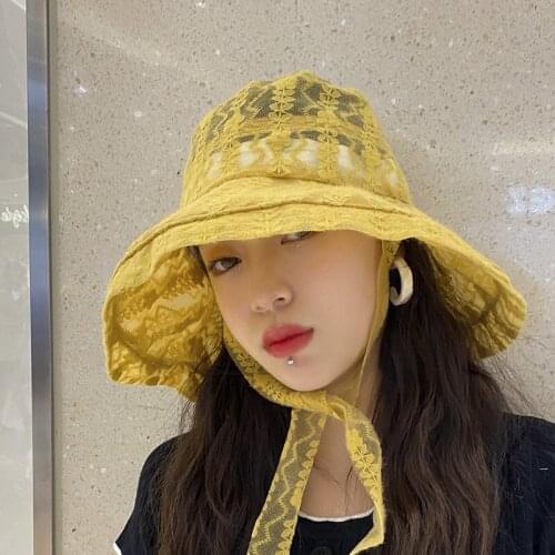 2021 New Pure Color Fairy Lace Big Brim Fisherman Hat Anti-ultraviolet Sunscreen Female Sunscreen with Hollow Fisherman Hat
