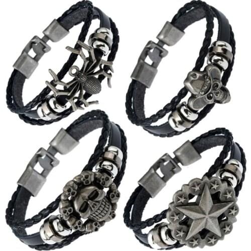 Punk Gothic Vintage Multilayer Men Bracelets Skull Pirate Spider Star Charm Leather Rope Chain Bangle Wristbands Fashion Jewelry