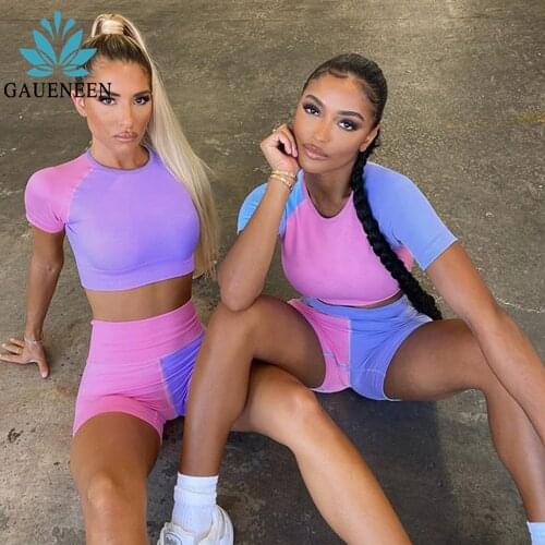 GAUENEEN Women Sportswear Yoga Set Padded Sports Bra Short Sleeve Crop Top High Waist Shorts Seamless Leggings Gym Clothing