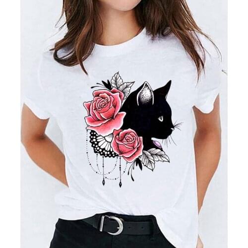 Graphic T-shirts for Women Cat Elegant Floral Flower Summer Autumn Trend Fashion Ladies Print Lady Womens Female Tee T T-Shirt